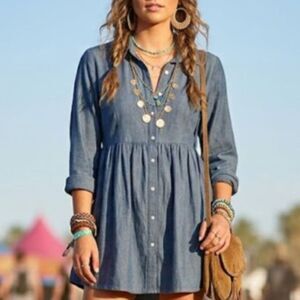 Style & Co. Blue Chambray Mini Babydoll Dress Size 12 Cotton Pearl Snap Boho